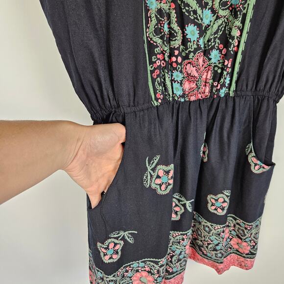 Angie Black Pink Floral BOHO Mini Dress With Pockets Size Large Dolman Sleeve - Picture 6 of 9